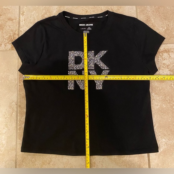 DKNY Y2K Silver Tone Glittering Bedazzled DKNY Logo Black Tee - Size L - Picture 8 of 8